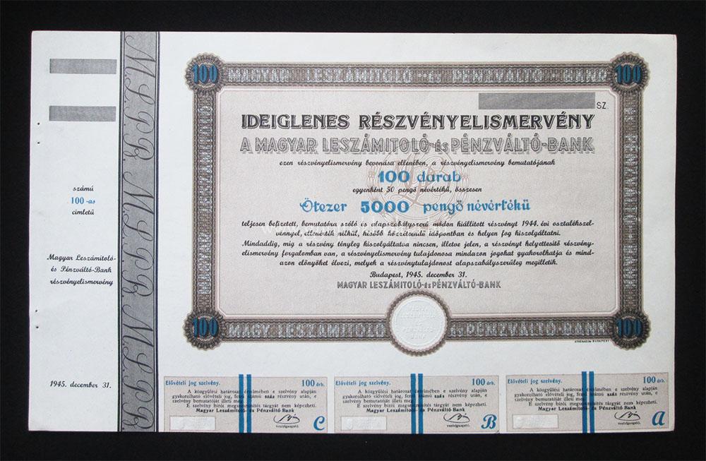 Magyar Leszmitol s Pnzvlt Bank elismervny 100x 1945